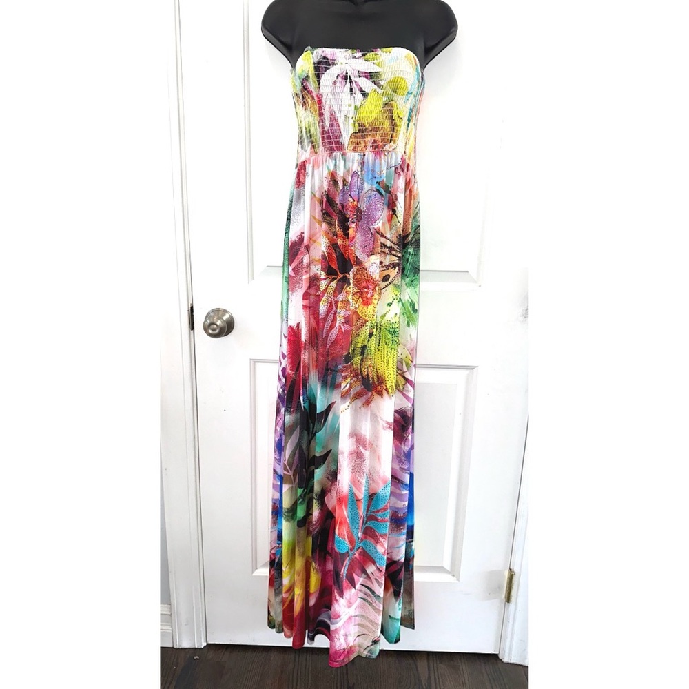 S-Twelve colorful floral print strapless maxi dress, embellished w/ rhinestones